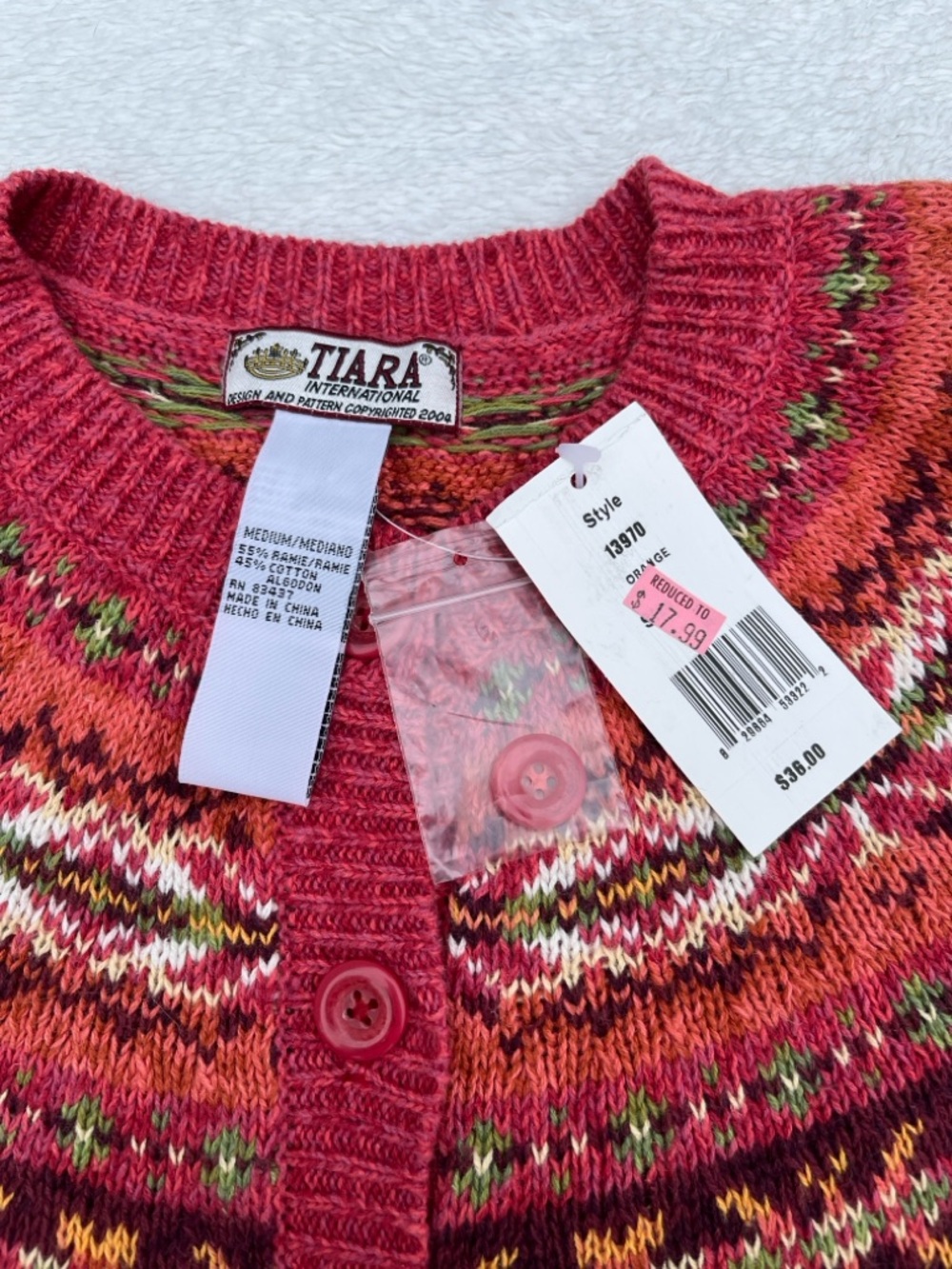 NWT Tiara International Orange Red Fair Isle Cardigan Sweater Y2K Womens Medium - Picture 2 of 7